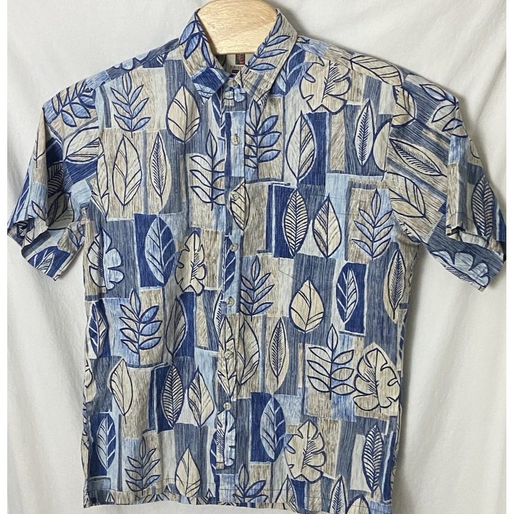 Tori Richard Men's M Blue Hawaiian Shirt Leaves Short Sleeve Cotton USA Resort